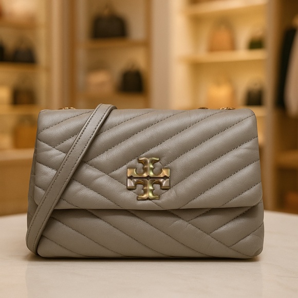 NEW Tory Burch Kira Chevron Gray Heron Leather Small Shoulder Bag/Crossbody Bag - Picture 1 of 16